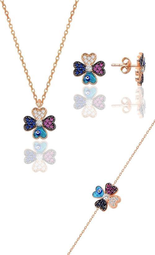 Gümüş rose mineli yonca modeli üçlü set 