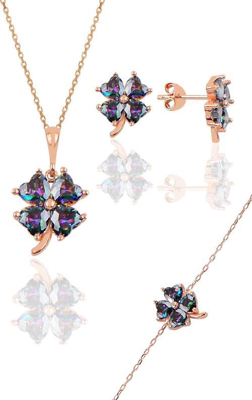 Gümüş rose mistik renkli yonca modeli üçlü set 