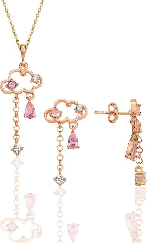 Gümüş rose pembe zirkon taşlı bulut kolye ve küpe ikili set 