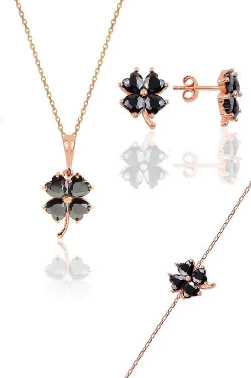 Gümüş rose siyah renkli yonca modeli üçlü set 