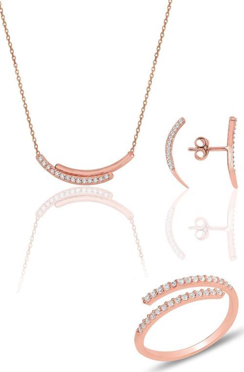 Gümüş rose zirkon sıra taşlı kolye küpe ve yüzük üçlü set 