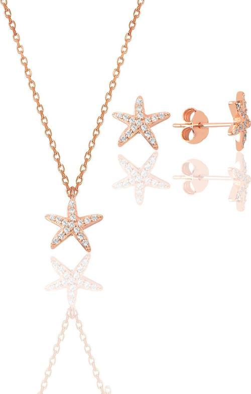 Gümüş rose zirkon taşlı deniz yıldızı kolye ve küpe ikili set 