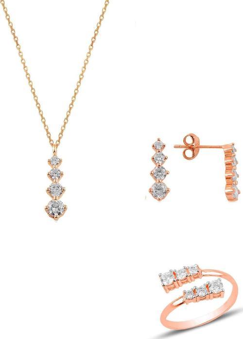 Gümüş rose zirkon taşlı pırlanta modeli pırıltı üçlü set 