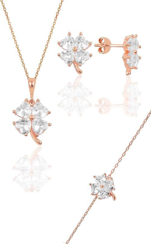 Gümüş rose zirkon taşlı yonca modeli üçlü set 