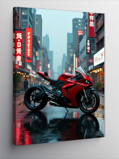 Kanvas Tablo Kırmızı Motosiklet Şehri