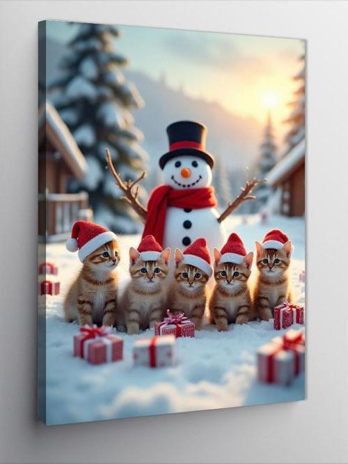 Kanvas Tablo Kışlık Kedi Ve Kardanadam