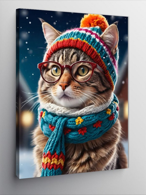 Kanvas Tablo Kışlık Şapkalı Kedi