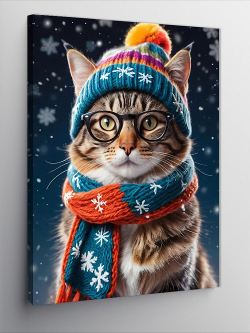 Kanvas Tablo Kışlık Şapkalı Kedi