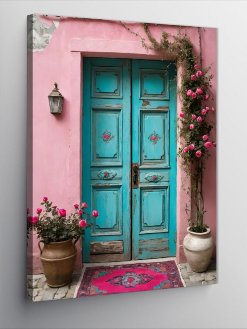 Kanvas Tablo Pembe Kapı Ve Çiçekler