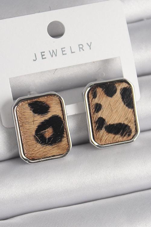 Pirinç Gümüş Renk Leopar Desenli Kare Model Kadın Küpe - TJ-BKP9888