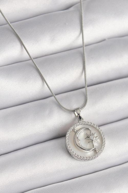 316L Çelik Gümüş Renk Zincir Zirkon Taş Detaylı Beyaz Sedefli Ay Yıldız İşleme Kadın Kolye - TJ-BKO9