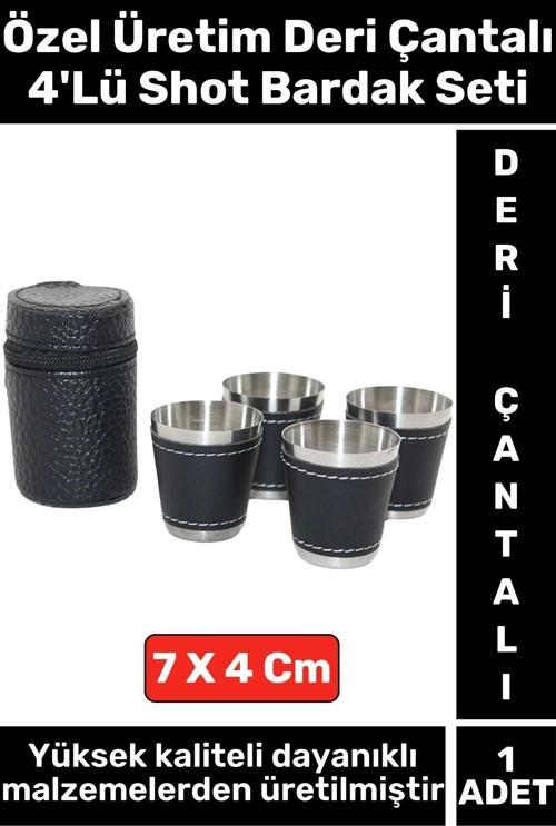 Premium Yüksek Kaliteli Deri Çantalı Deri Kılıf Detaylı Alkol Konyak Tekila 4'lü Shot Bardak Seti