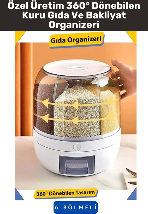 Yüksek Kaliteli Ergonomik Pratik 360° Döner 6 X 1 Lt Kapasiteli Mutfak Kuru Gıda Bakliyat Organizeri