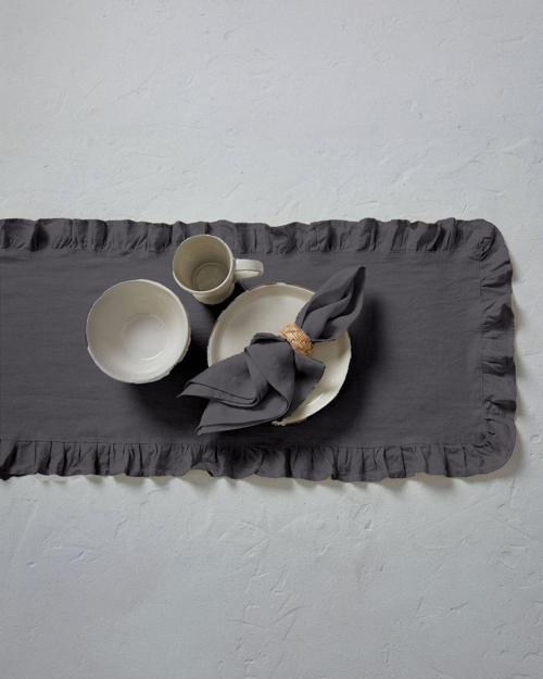 Rufle | Fırfırlı Keten Gri Runner 40 X 110 Cm