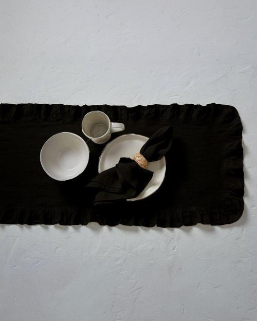Rufle | Fırfırlı Keten Siyah Runner 40 X 110 Cm