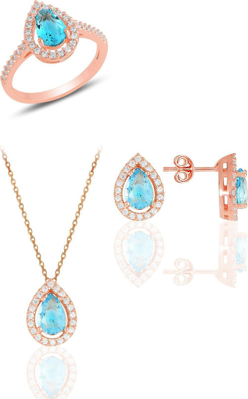 Gümüş rose akuamarin taşlı damla modeli üçlü set
