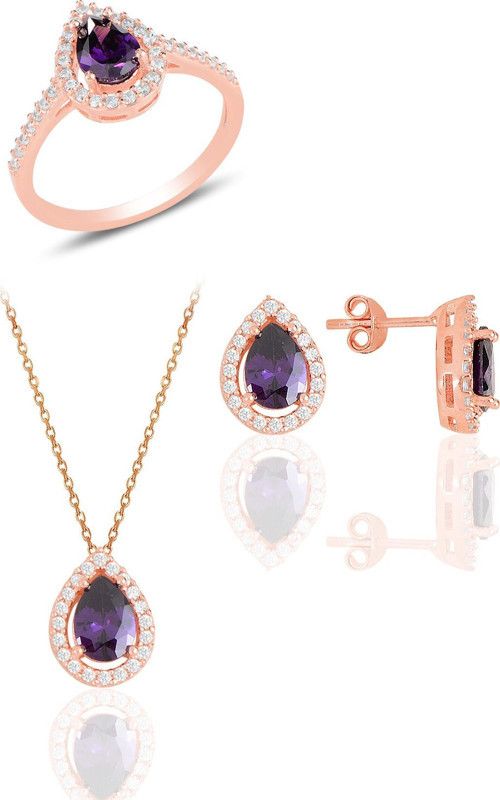 Gümüş rose ametis taşlı damla modeli üçlü set