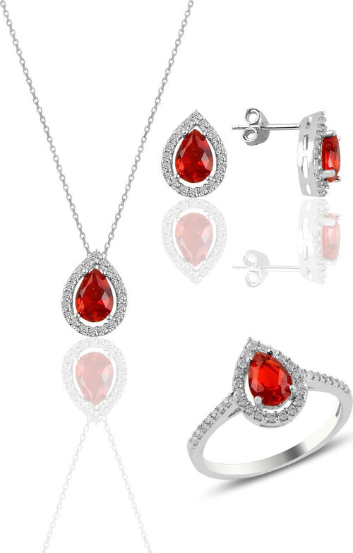 Gümüş rodyumlu kırmızı taşlı damla modeli üçlü set