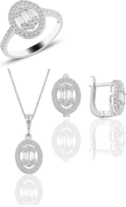 Gümüş rodyumlu oval gümüş baget taşlı üçlü set
