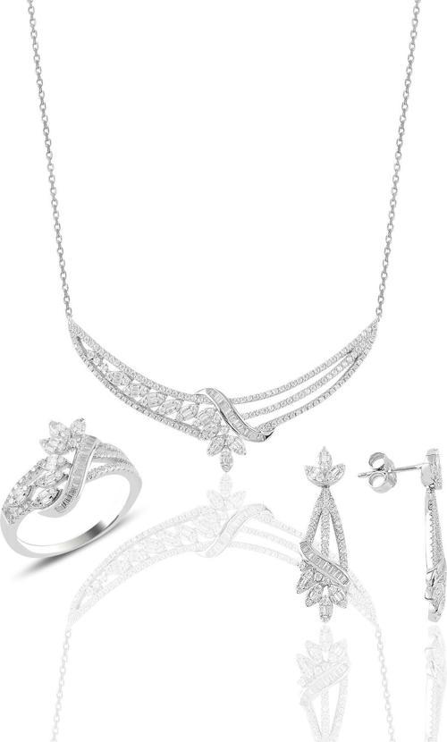 Gümüş rodyumlu pırlanta modeli beyaz altın görünümlü kolye küpe ve yüzük seti