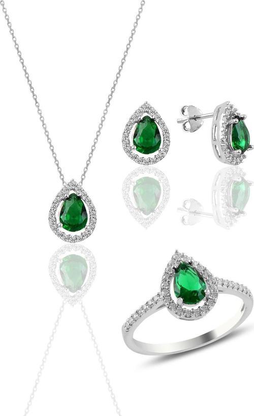 Gümüş rodyumlu kök zümrüt taşlı damla modeli üçlü set 