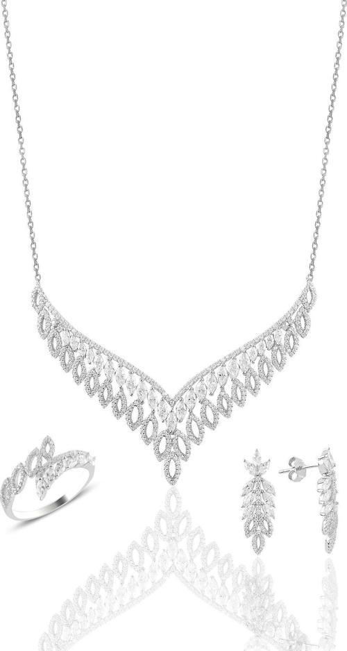 Gümüş rodyumlu pırlanta modeli beyaz altın görünümlü kolye küpe ve yüzük seti