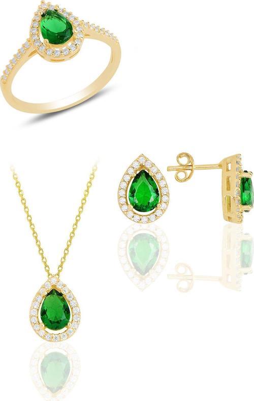 Gümüş altın yaldızlı kök zümrüt taşlı damla modeli üçlü set 