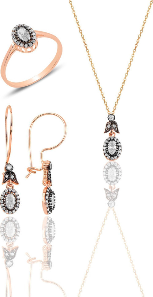Gümüş rose elmas montürlü oval üçlü set…