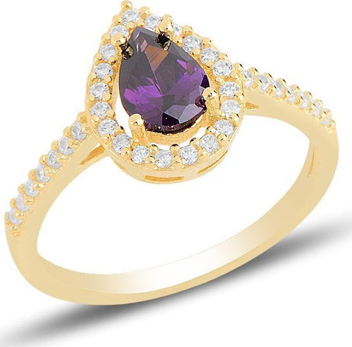 Gümüş altın yaldızlı ametis taşlı damla modeli yüzük