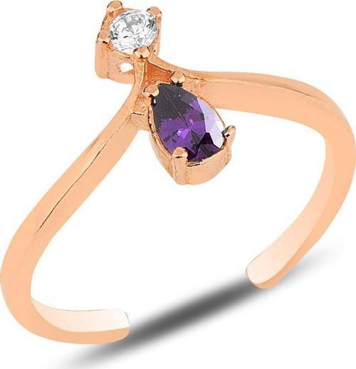 Gümüş rose mor taşlı taç modeli ayarlamalı damla yüzük 