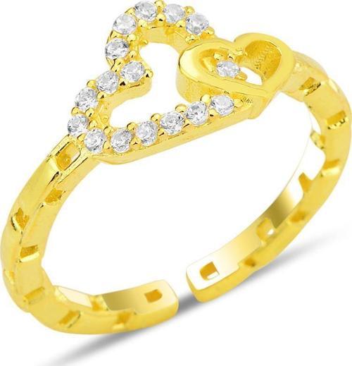 Gümüş altın yaldızlı zirkon taşlı alttan ayarlanabilir birbirine bağlı kalpler yüzük 