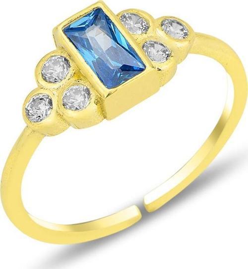 Gümüş altın yaldızlı akuamarin baget taşlı alttan ayarlanabilir yüzük 