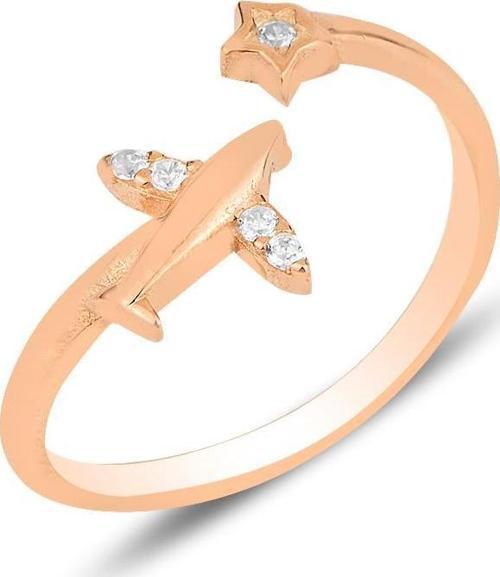 Gümüş rose zirkon taşlı uçak ve yıldız modeli ayarlamalı yüzük 