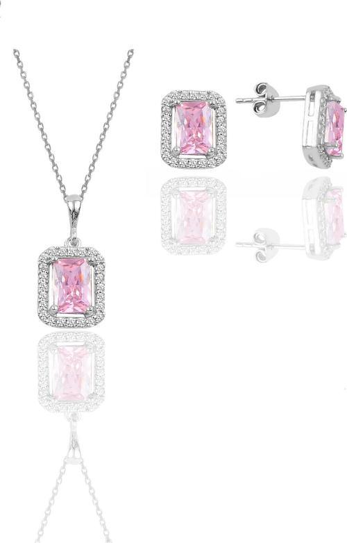 Gümüş rodyumlu pembe taşlı baget kesim ikili set 