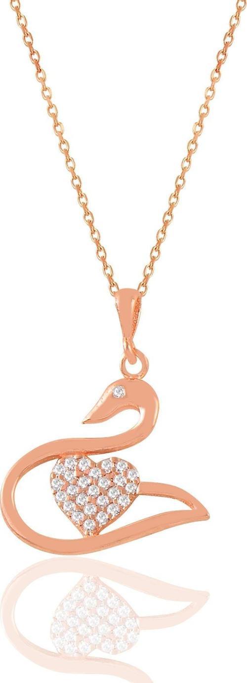 Gümüş rose zirkon taşlı kalpli kuğu kolye 