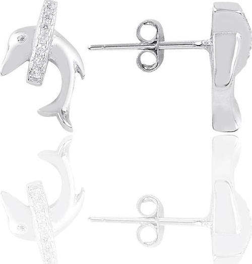 Gümüş rodyumlu zirkon taşlı yunus balığı küpe 