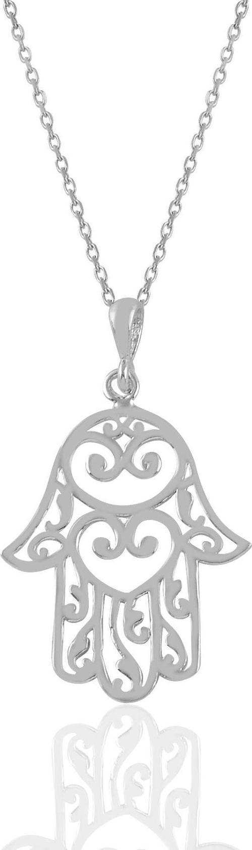Gümüş rodyumlu kalp işlemeli fatma ana eli kolye