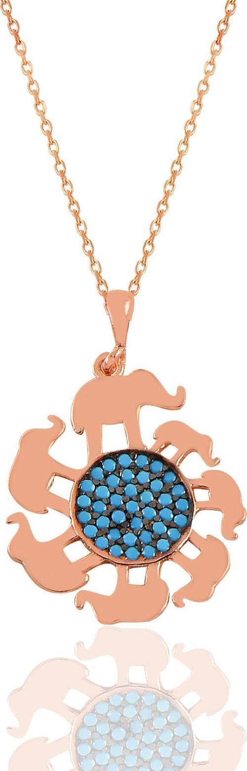 Gümüş rose turkuaz taşlı bereket fil kolye  