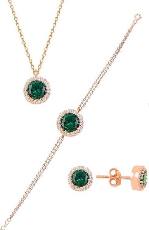 Gümüş rose zirkon ve  kök zümrüt taşlı pırlanta modeli üçlü set 