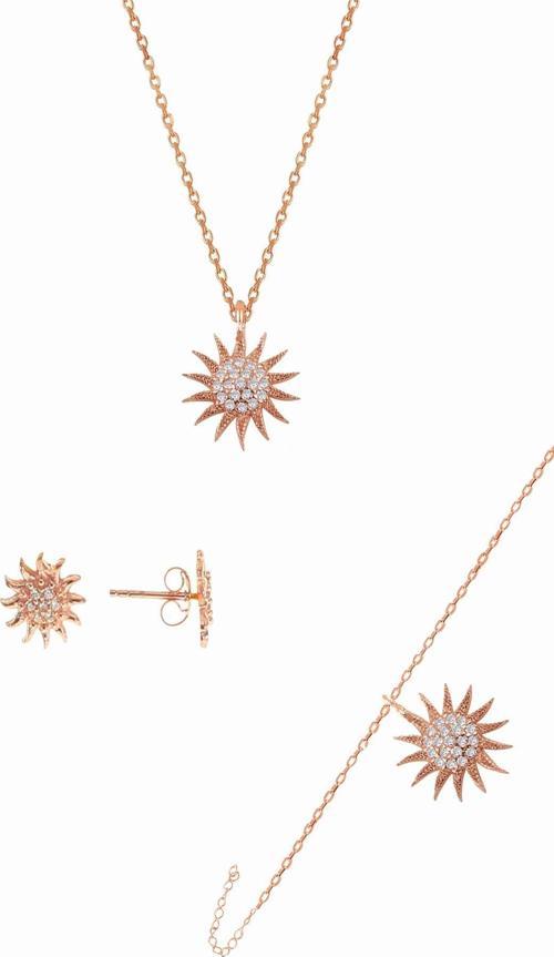 Gümüş rose zirkon taşlı güneş üçlü set 