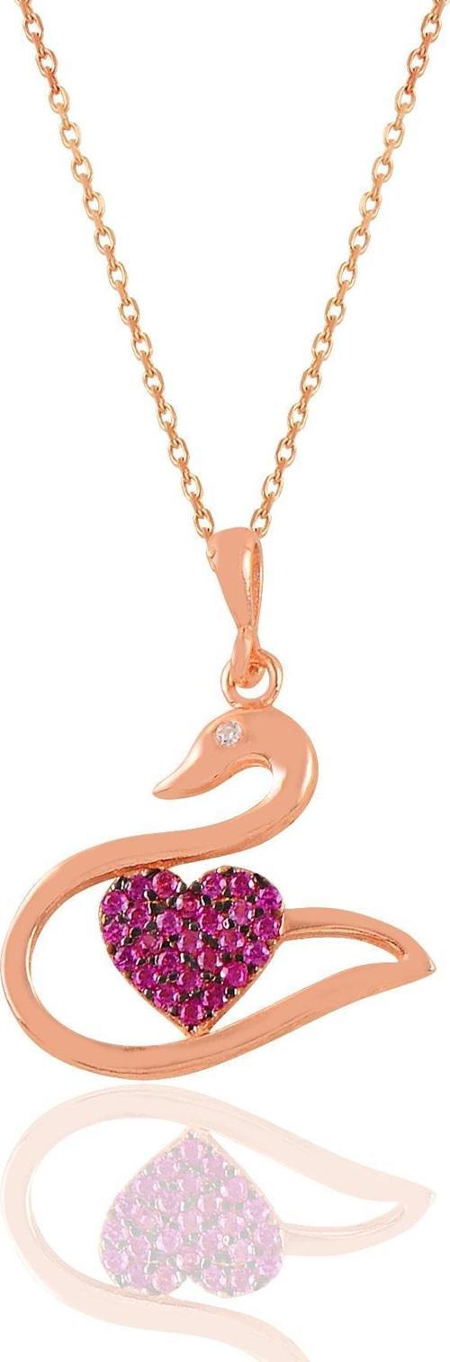 Gümüş rose fuşya taşlı kalpli kuğu kolye 
