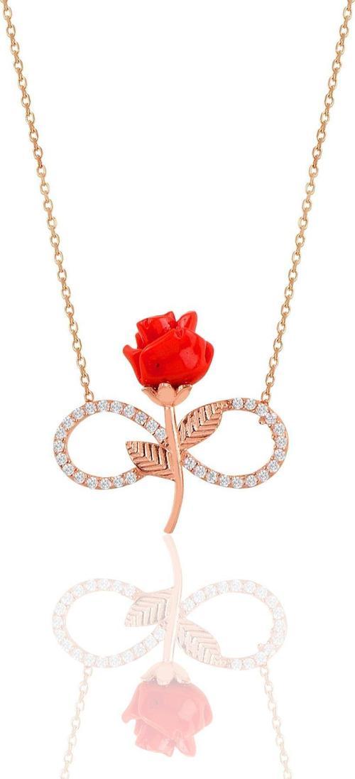 Gümüş rose kırmızı gül sonsuzluk kolye 