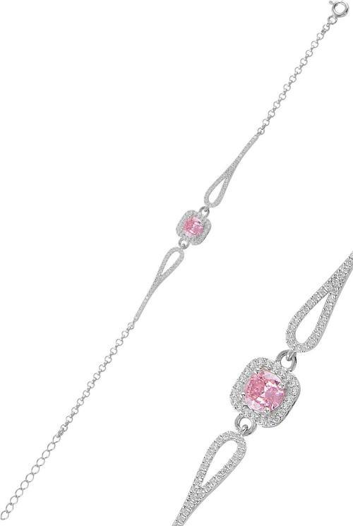 Gümüş rodyumlu pırlanta modeli pembe zirkon  taşlı  kare  bileklik  