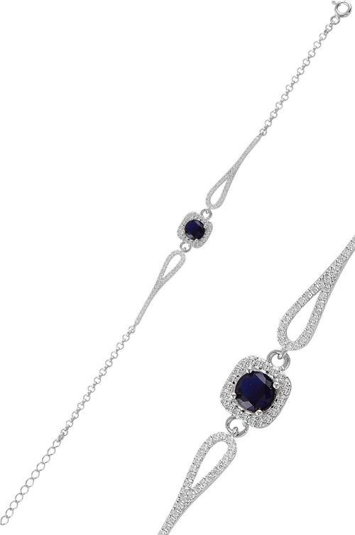 Gümüş rodyumlu  pırlanta modeli safir ve zirkon  taşlı  kare  bileklik  