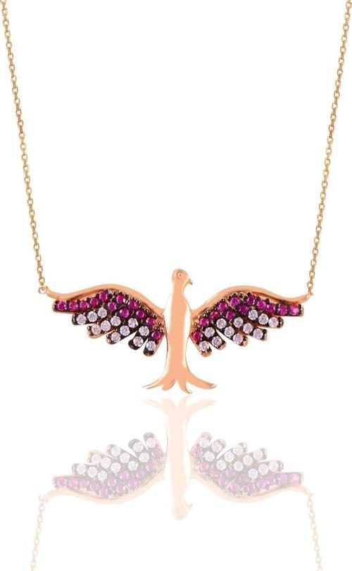 Gümüş rose fuşya taşlı simurg anka kuşu kolye  