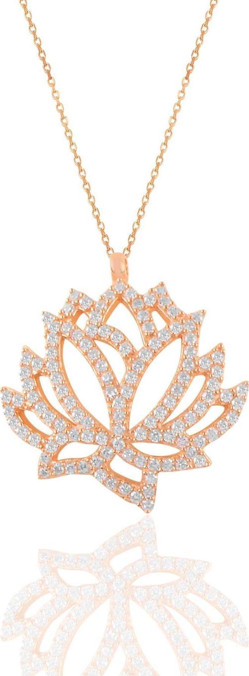 Gümüş rose zirkon taşlı lotus çiçeği kolye 