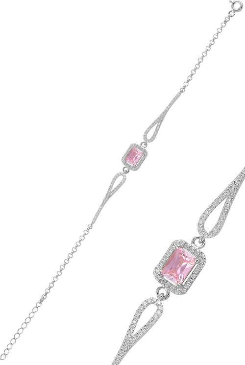 Gümüş rodyumlu pırlanta modeli pembe  zirkon taşlı  baget  bileklik  