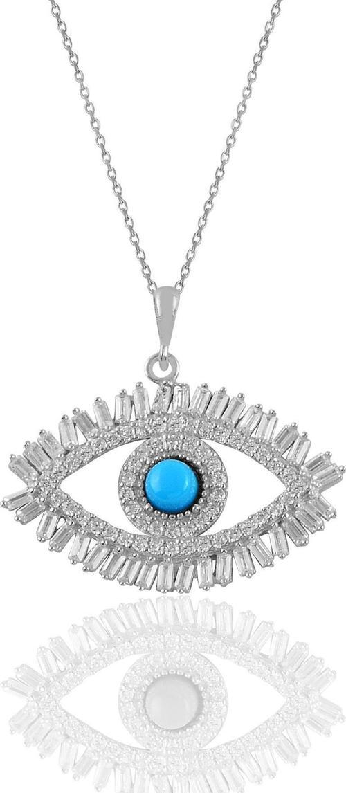 Gümüş rodyumlu turkuaz ve baget taşlı göz kolye 