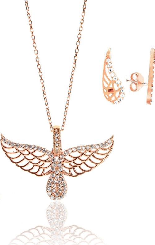 Gümüş rose zirkon taşlı kanat kolye ve küpe seti