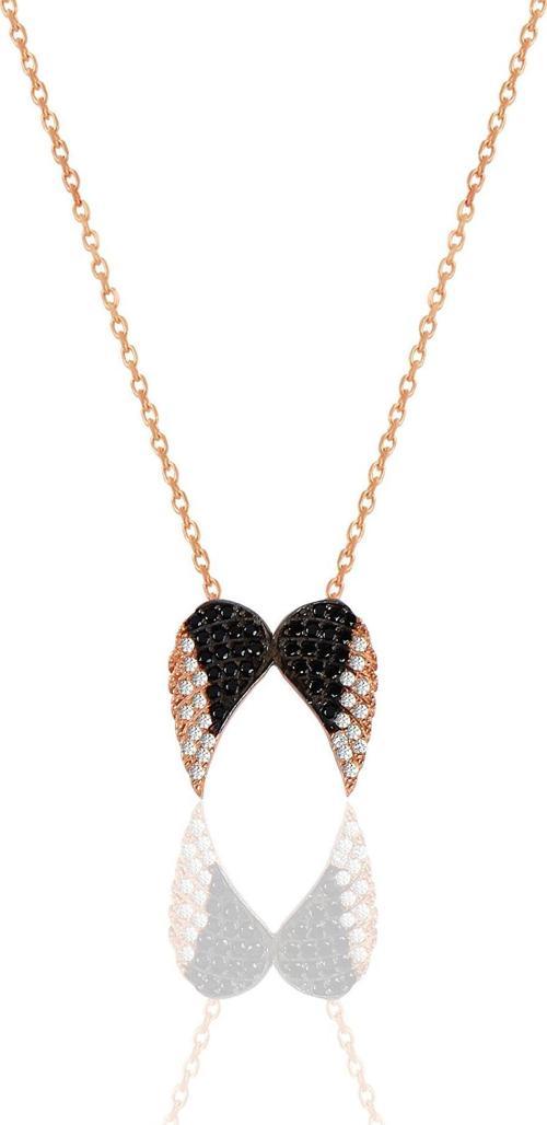 Gümüş rose zirkon ve onix taşlı kanat kolye  